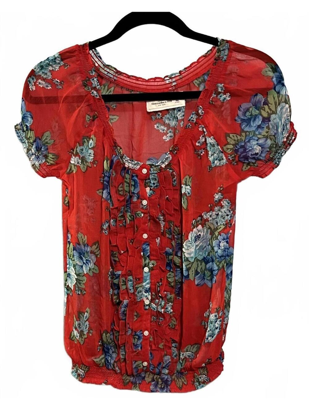Abercrombie & Fitch Red Floral Blouse Boho Garden Coquette Sheer - Size Small